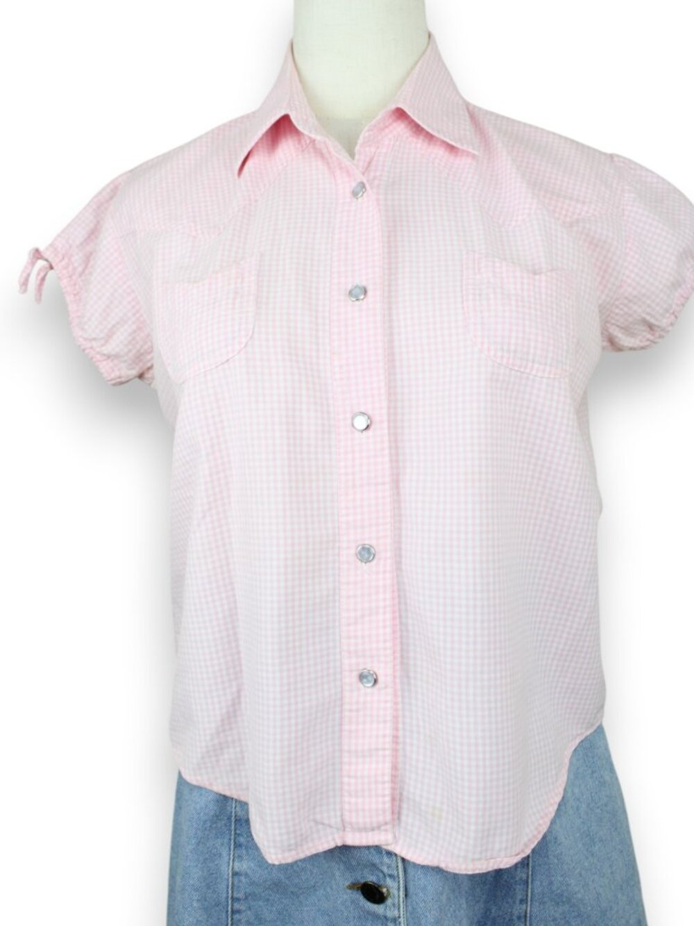 Adobe Rose Pink Gingham Western Cottage Snap Button Blouse Puff Sleeve XS/S